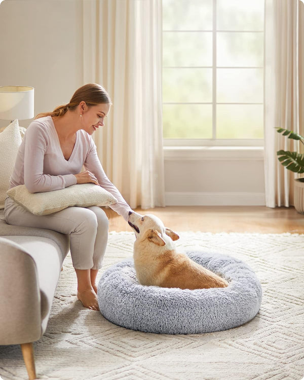 Feandrea Dog Bed, Donut Cat Bed, Fluffy Calming Pet Bed with Removable, Washable Cover, Soft Long Plush, 80 cm, Grey PGW040G01