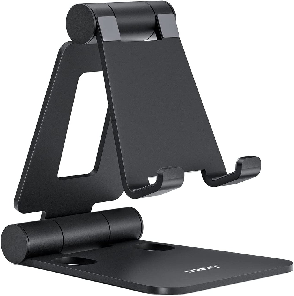 NULAXY Phone Stand, Fully Foldable Angle Height Adjustable Mobile Phone Holder Stand Dock Aluminum Desk Compatible with Phone 15 14 13 12 11 Pro Max XR X 8, HUAWEI, Galaxy, All Phones - Black