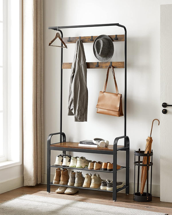 VASAGLE Coat Rack, Cloakroom Hallway Furniture with Removable Hooks, Bench and Shoe Shelf, Height 183 cm, Metal Frame, Industrial Style, Rustic Brown and Black HSR400B01